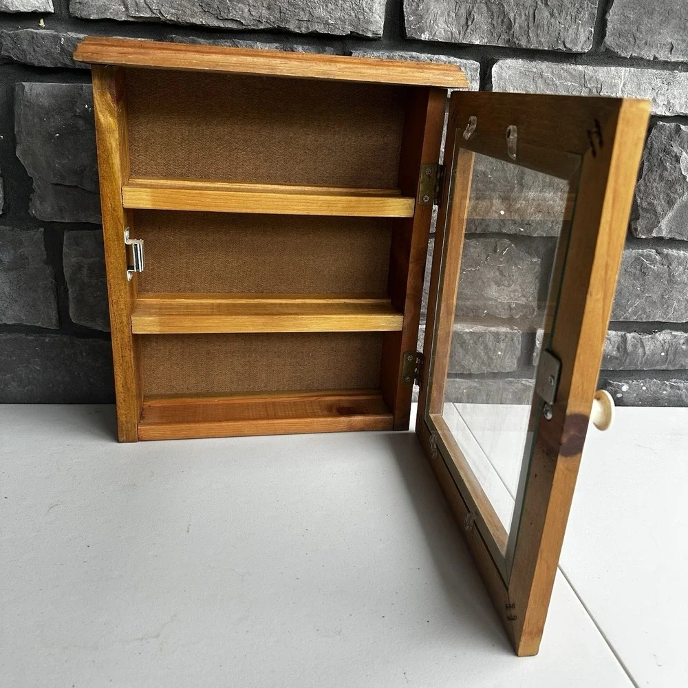 Vintage Wooden Wall Mount Countertop Display Cabinet w/Glass Door Granny Cottage
